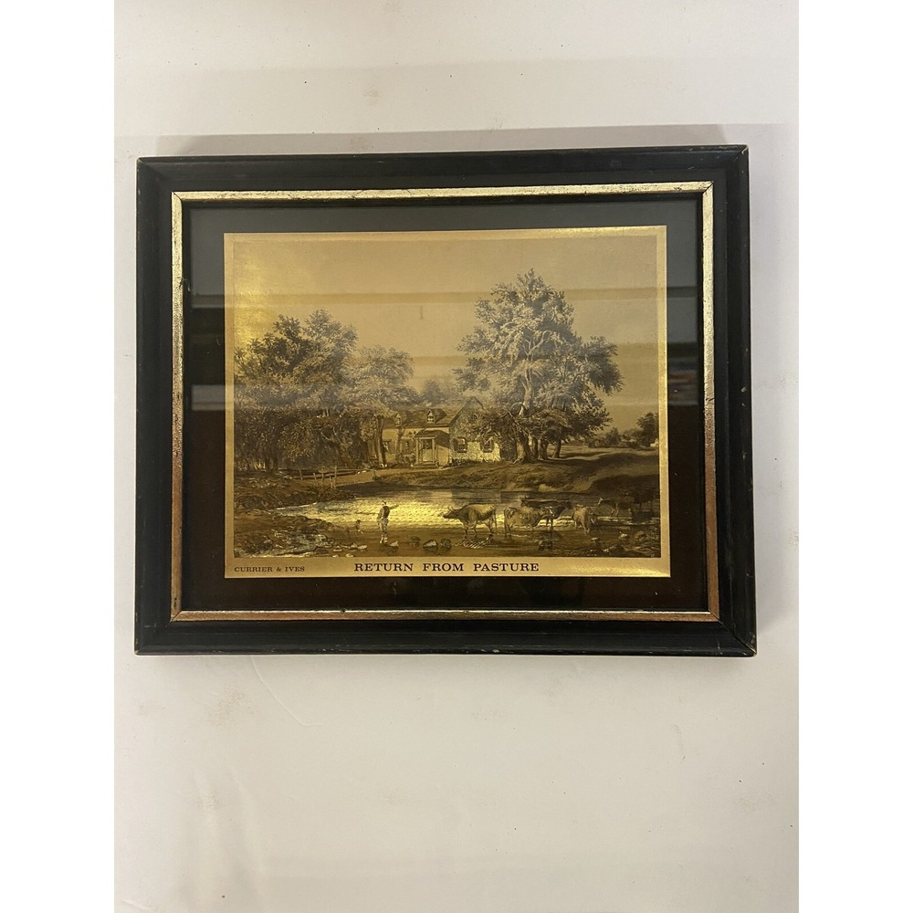 CURRIER & IVES FAMOUS RETURN FROM PASTURE FOIL ART PAINTING LAQUERED 11x9"